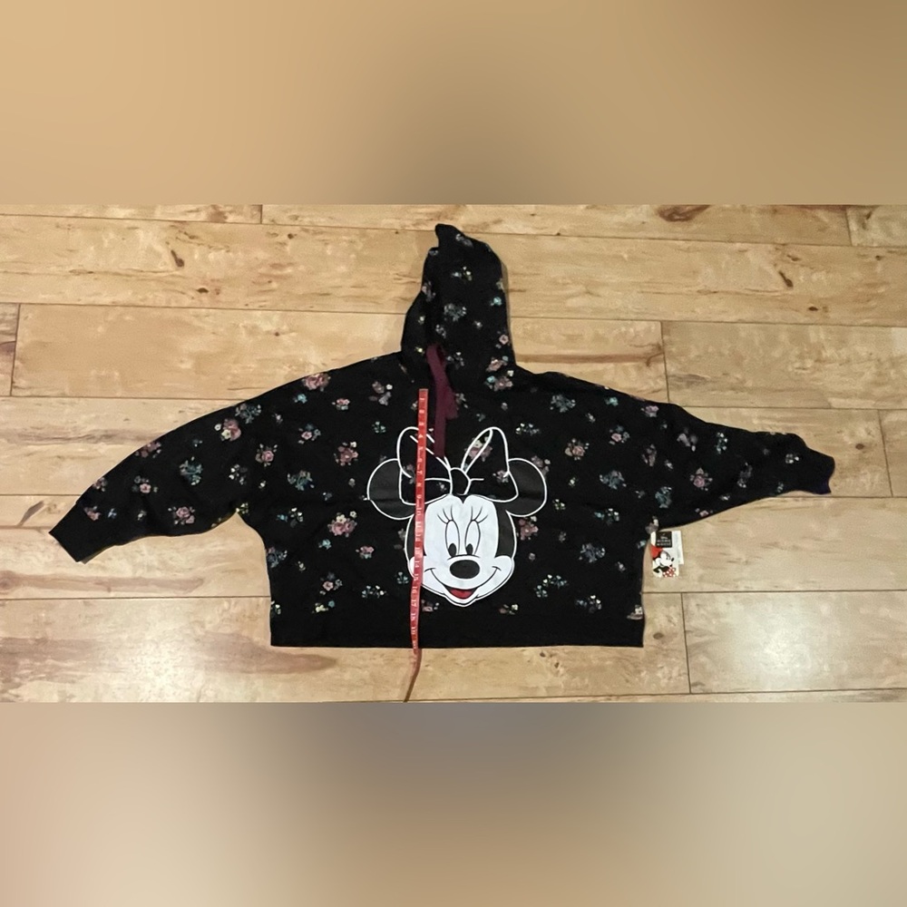 NEW Crop Top Drop Shoulder Flower Print Minnie Mouse Sweatshirt with Hood - Picture 3 of 4